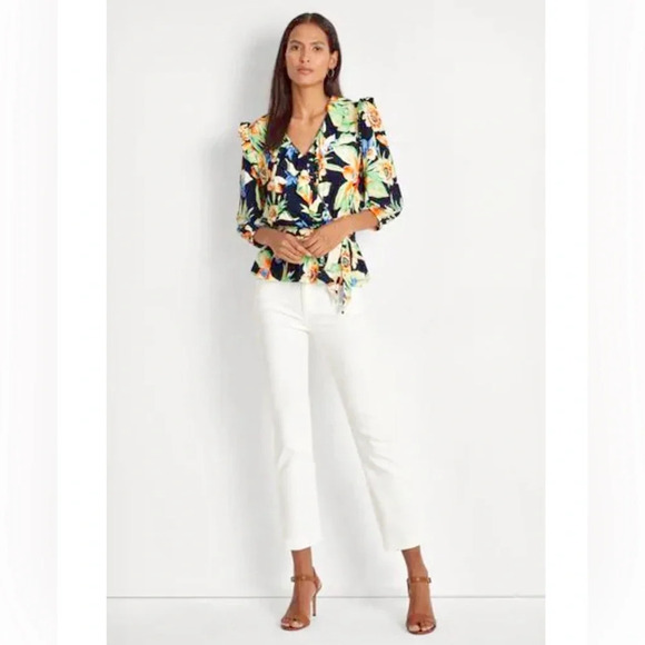 LAUREN RALPH LAUREN | Tropical Floral Ruffle Waist Tie Top Blouse Medium - Picture 3 of 9